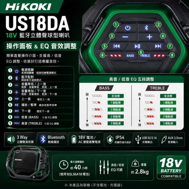 HIKOKI US18DA 18V 藍牙立體聲喇叭｜IP54 工地喇叭 單機