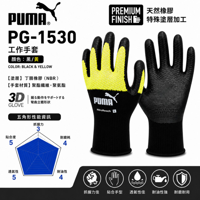 PUMA PG-1530 NitoBreath丁腈作業手套｜蜂巢透氣、3D立體手型、L～XL