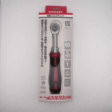 VESSEL 400ER3USB 電動棘輪起子｜日本製 slim 扳手｜USB-C 充電｜60齒棘輪電動扳手