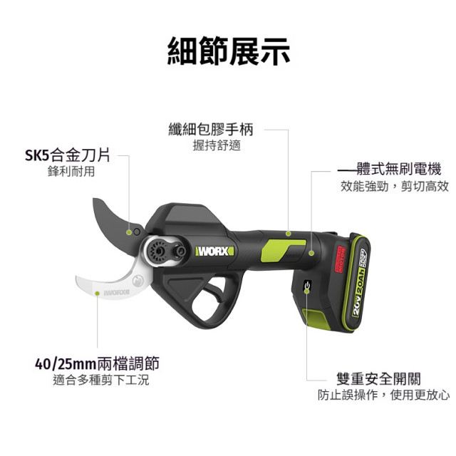 WORX 威克士 WU571 20V 無刷鋰電修枝剪 25／40mm 雙段開口