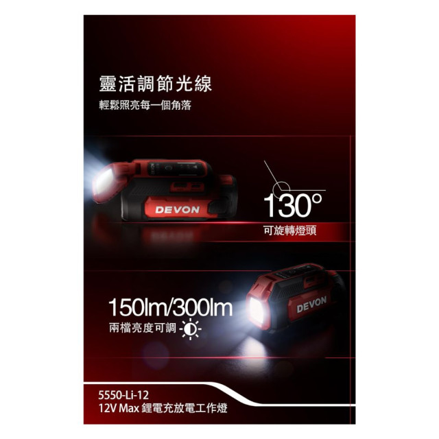 DEVON 大有 5550-Li-12 12V充放電工作燈｜USB-C PD 60W・300流明・磁吸
