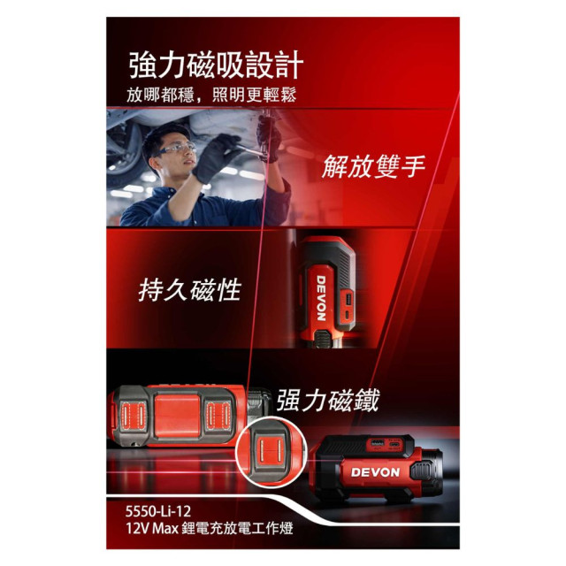 DEVON 大有 5550-Li-12 12V充放電工作燈｜USB-C PD 60W・300流明・磁吸