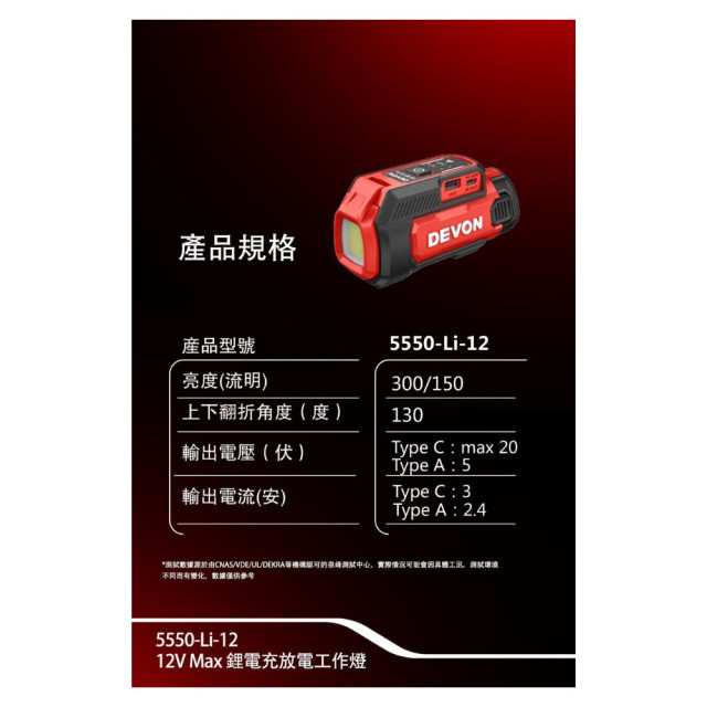 DEVON 大有 5550-Li-12 12V充放電工作燈｜USB-C PD 60W・300流明・磁吸