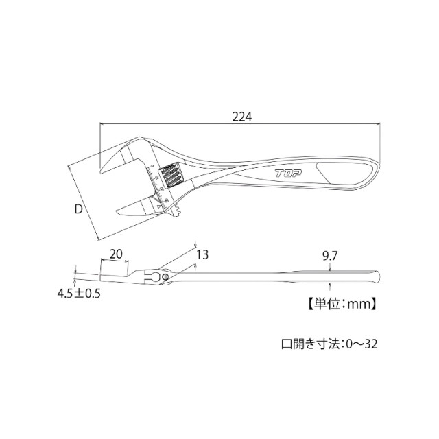 日本 TOP工業 HT-32 薄型直式活動扳手 0～32mm